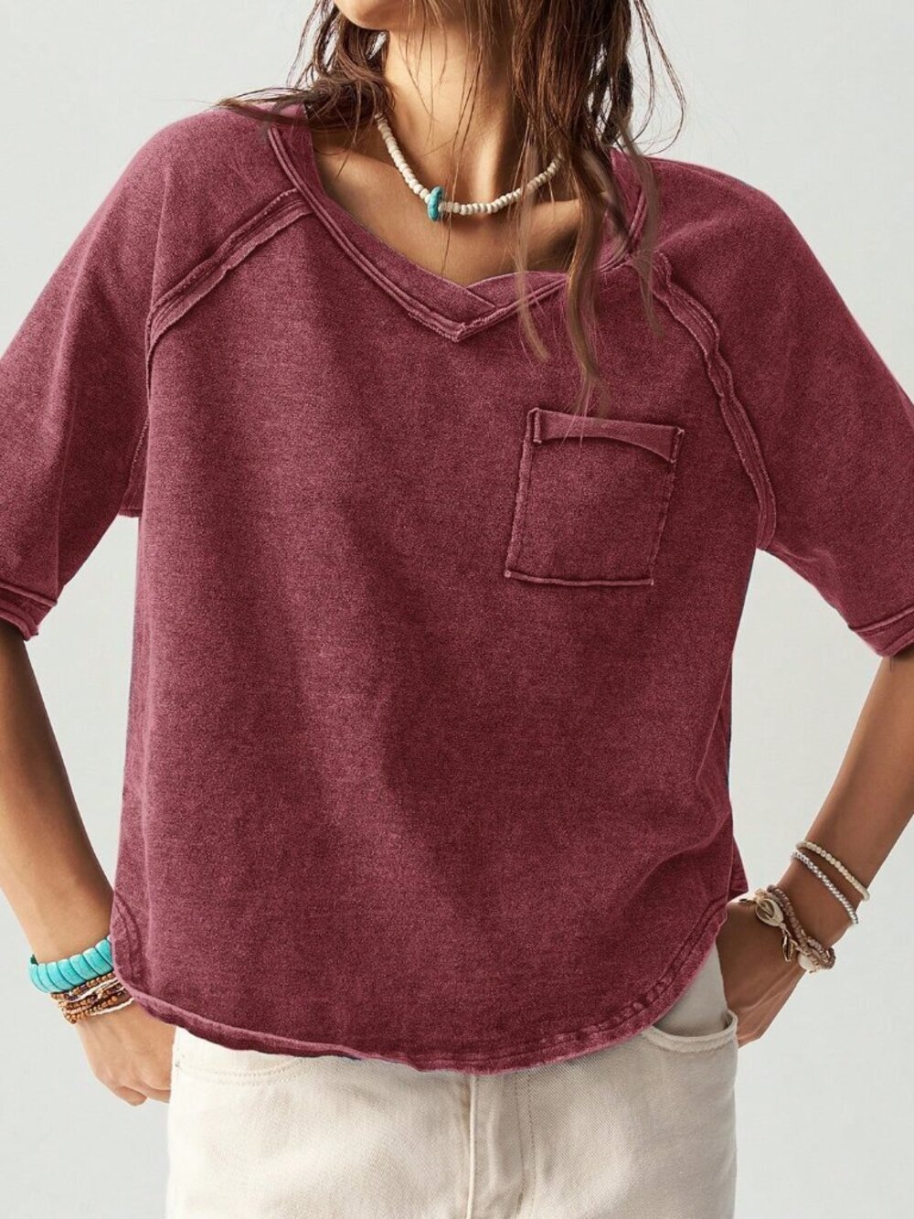 Burgundy Casual Boho Women's Knitted Crew Neck Raglan Short Sleeve Loose T-Shirt - Picture 8 of 8